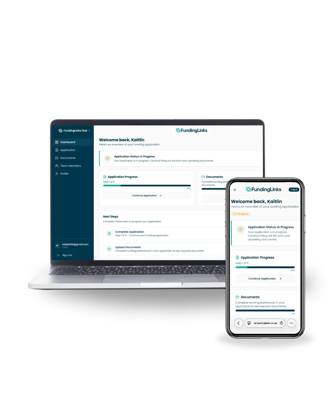 FundingLinks application hub shown on laptop and mobile